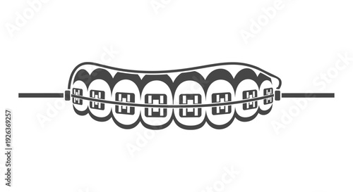 A stylized black and white illustration of a caterpillar with braces