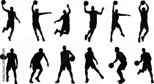 Basketball player silhouettes set featuring dribbling, jumping and shooting poses representing professional sport action, athletic training, team competition concept isolated on white background.v