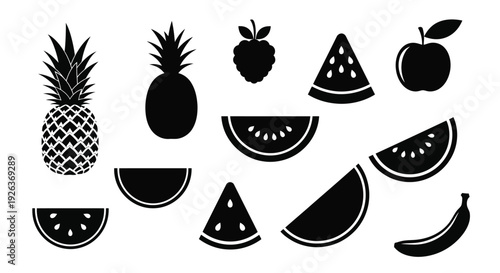 Black silhouettes of various fruits including pineapple watermelon and banana