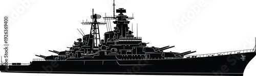 Battleship warship silhouette with heavy artillery and radar systems, representing naval military power, maritime defense operations, ocean combat vessel, and armed forces technology concept.