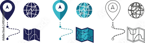 A set of three location tracking icons displays map pins, dotted routes, and stylized globes in various color fills and outline formats.