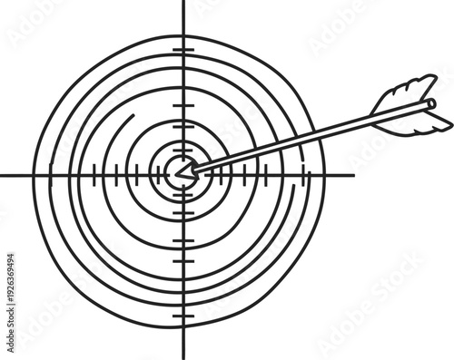 An arrow has struck the exact center of a circular target with concentric rings, symbolizing precise achievement and goal setting.