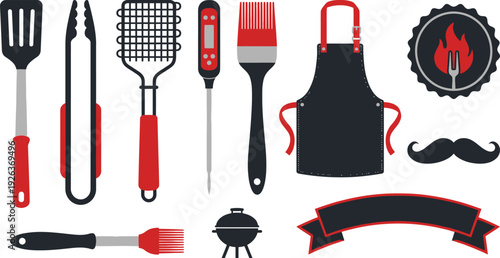 Father's Day BBQ grilling themed tool elements with spatula tongs grill brush thermometer in charcoal black flame red brushed silver for outdoor cooking branding design