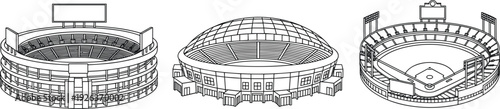 Sports Stadium and Arena Line Icon Set with Dome, Baseball Field, and Football Venue Architecture Outline Vector Illustration Collection