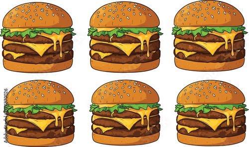 Cartoon illustration of cheeseburgers with double beef patties, melted cheese, lettuce, and sesame bun, representing fast food menu item, tasty snack, and American cuisine concept.