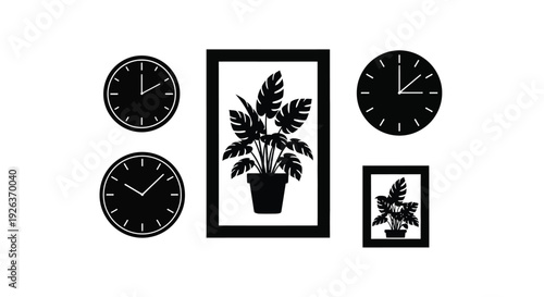 A minimalist arrangement of clocks a plant and framed botanical illustrations