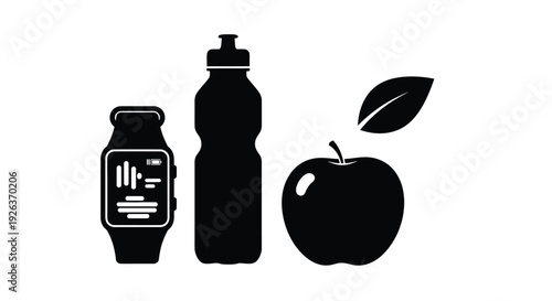 Fitness and health icons smartwatch water bottle and apple illustration