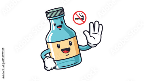 A cheerful cartoon medicine bottle with a smiling face and white gloves gesturing no to smoking with a red circle and line through a cigarette symbol nearby on a plain white background.