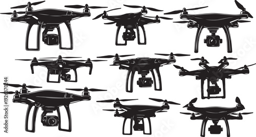 Multiple black drones with cameras on white background illustration