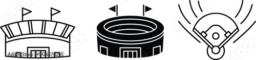 Sports Stadium and Baseball Field Icon Set with Arena Exterior and Home Plate Outline Vector Illustration for Game and Tournament Design