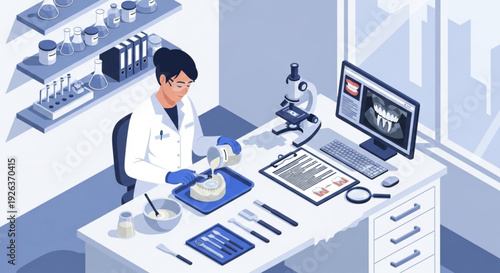 Odontology Specialist Examining Tooth Evidence Illustration
