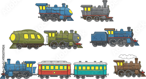 Cartoon vintage steam locomotives and passenger railcars set illustrating classic railway transportation, retro train engines, travel nostalgia, industrial heritage, 