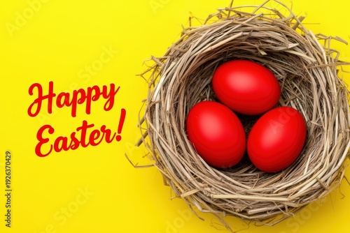 Red easter eggs in nest with 'happy easter!' on bright yellow background