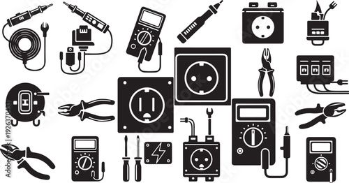 Collection of various electronic testing tools and equipment icons