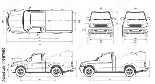 Pickup Truck Technical Blueprint Diagram.