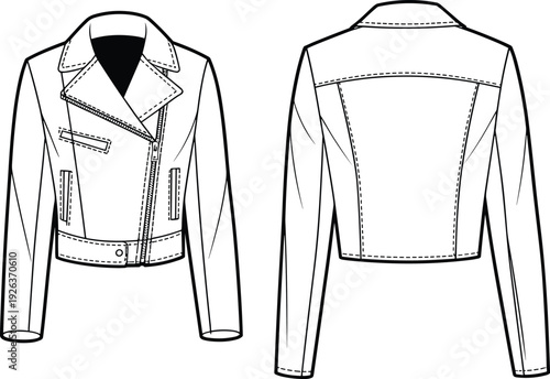 Flat vector CAD illustration of cropped biker jacket with zipper front, notch collar, welt pockets, long sleeves, and structured back seams