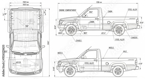 Pickup Truck Technical Blueprint Diagram.