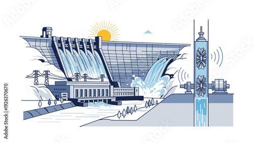Illustration of a futuristic hydroelectric dam with water turbines and a sun in the background, showcasing renewable energy generation with blue tones.