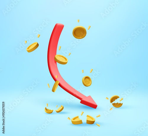 3d Red arrow pointing down with falling and broken coins. Financial crisis concept with money investment loss. Economic decline stock market fall illustration. Vector illustration