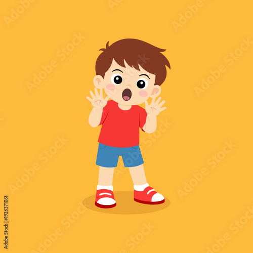 Surprised toddler boy cartoon character in simple flat style  solid background. Cute little kid with wide eyes and amazed expression