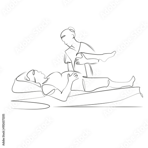 One continuous line drawing on white isolated background. Minimalism linear illustration. hospital, doctor, woman, nurse, patient, health, medicine, female, pregnant, children