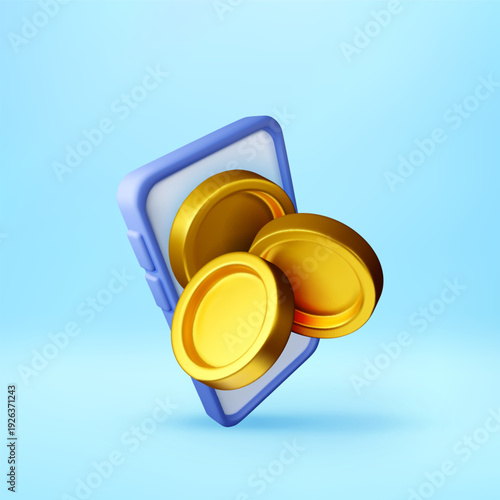 3d Gold coins emerging from smartphone. Digital currency and mobile banking for online financial transaction. Business and trade. Vector illustration
