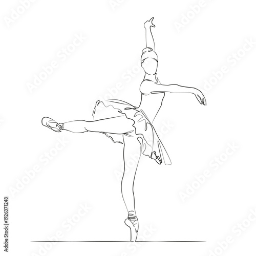 One continuous line drawing on white isolated background. Minimalism linear illustration. ballerina, person, ballet, woman, performance, dance, art, classical, dancer, tutu