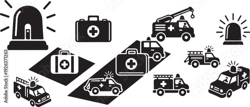 Emergency Vehicles and Medical Icons in Black and White