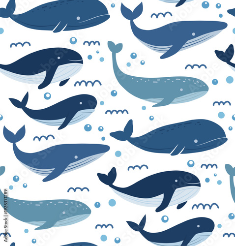 Vector childish seamless pattern with hand-drawn whales, waves and bubbles. Marine texture with fish