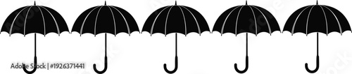 Set of five black umbrella silhouettes representing rain protection weather equipment safety shelter and seasonal storm accessory isolated on white background