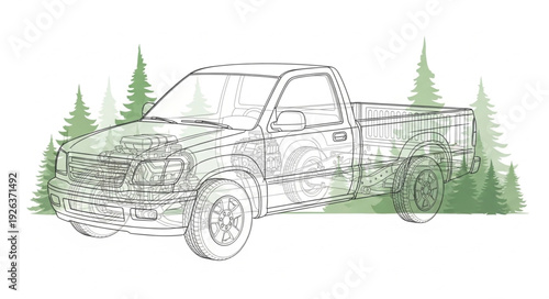 Pickup Truck Sketchy Forest Scene.