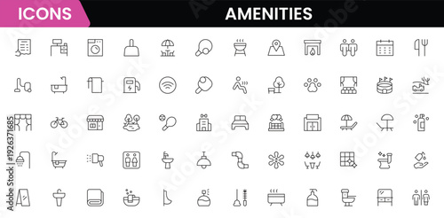 Convenient vector web line icons depicting amenities, facilities, services, pools, gyms, parking, and modern lifestyle conveniences.