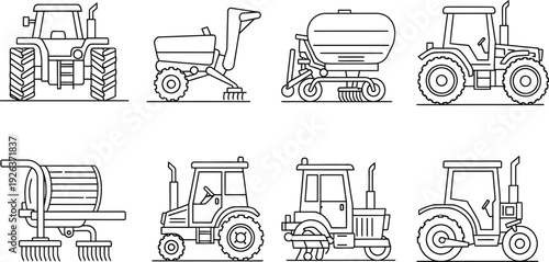 set of silhouettes of tractors