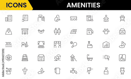 Convenient vector web line icons depicting amenities, facilities, services, pools, gyms, parking, and modern lifestyle conveniences.