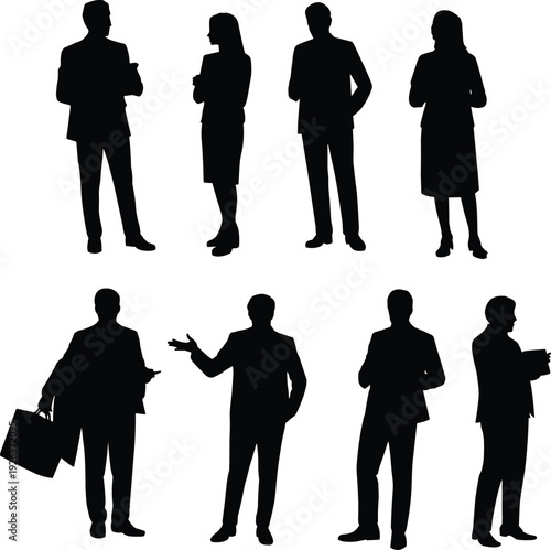 Business people silhouettes collection, professional men and women standing poses, corporate teamwork concept illustration isolated black figures on white background