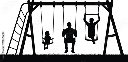 Children playing swings silhouette, family playground scene, kids outdoor activity, parent supervision, park recreation, childhood fun, isolated black illustration concept