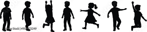 Children silhouettes jumping playing isolated set, happy kids activity collection, playful childhood movement concept, black shadow figures illustration pack bundle