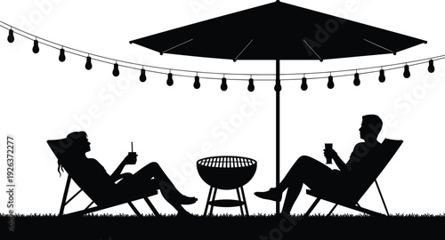 Couple relaxing garden silhouettes, outdoor leisure scene with barbecue grill, umbrella lights ambiance, summer lifestyle illustration isolated on white background