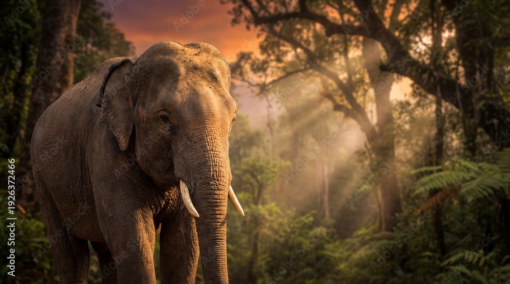 Fototapeta premium Thai elephant in tropical forest at golden sunset