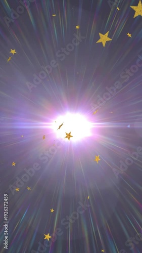 Vertical video: Central burst rising, emitting rays while gold stars orbit and drift to show travel