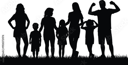 Family silhouettes standing together, parents and children outdoors, unity lifestyle, happy bonding, community concept, isolated black figures illustration collection