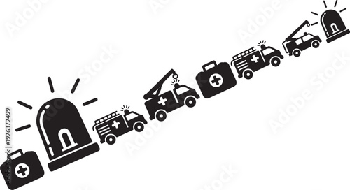 Emergency Response Vehicles Lineup in Black and White Illustration
