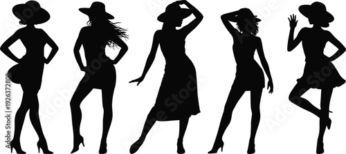 Fashionable women silhouettes in hats posing confidently, stylish female figures collection, elegant glamour concept isolated black illustration on white background