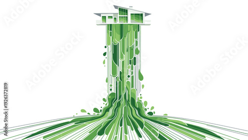 Green energy concept with a tower and roots growing out of it in a white background with a mix of green hues and lines radiating outward.