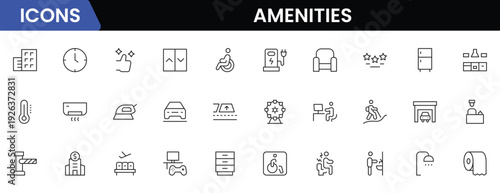 Convenient vector web line icons depicting amenities, facilities, services, pools, gyms, parking, and modern lifestyle conveniences.