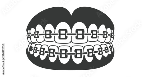 Black and white illustration of open mouth with braces a dental health graphic