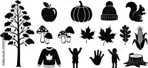 Autumn collection of black silhouettes featuring oak trees pumpkins squirrels maple leaves mushrooms apple corn sweater and winter hat on white