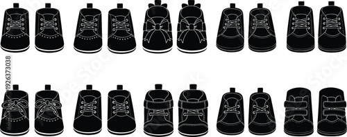 Large collection of black baby shoe silhouettes including various styles like boots sneakers loafers and bow shoes isolated on white