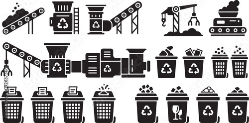 Recycling factory and waste management icons in black and white