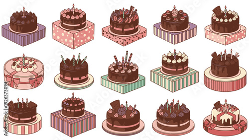 Collection of various chocolate cakes with lit candles on colorful plates and stands against a plain white background in a flat lay composition.